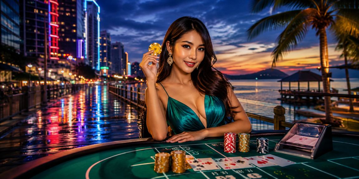 Meja baccarat bergaya mewah dalam suasana kasino Malaysia di 2032